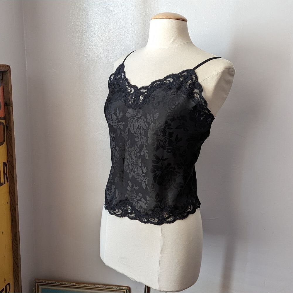 Vintage black floral lace camisole slip top